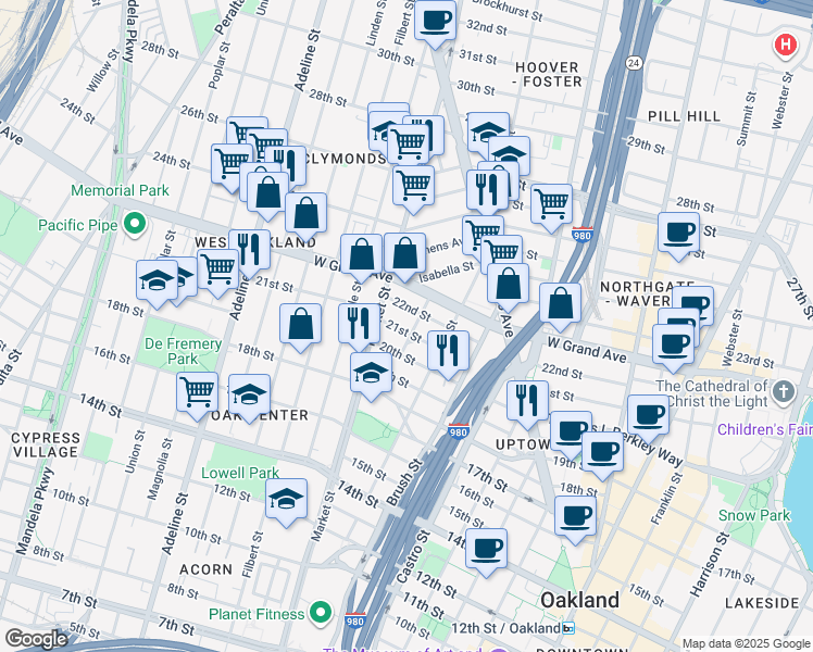 map of restaurants, bars, coffee shops, grocery stores, and more near 856 21st Street in Oakland