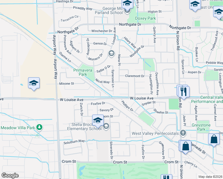 map of restaurants, bars, coffee shops, grocery stores, and more near 1153 Syracuse Lane in Manteca