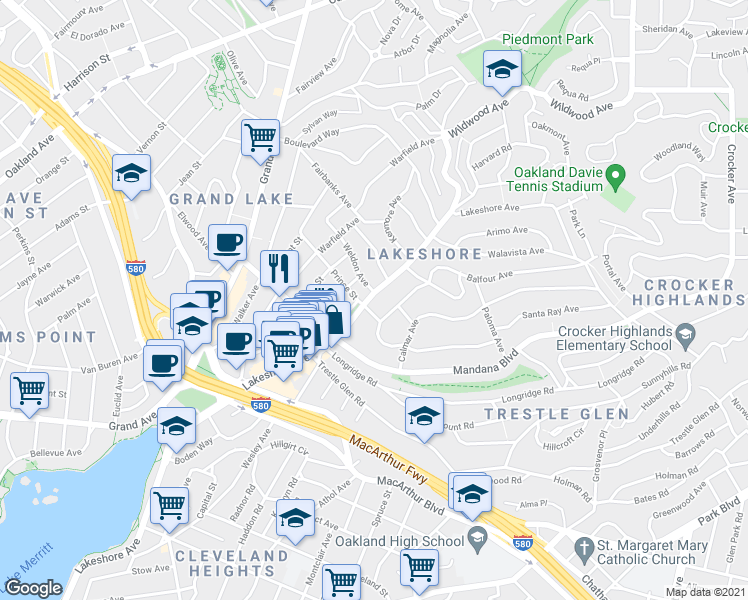 map of restaurants, bars, coffee shops, grocery stores, and more near in Oakland