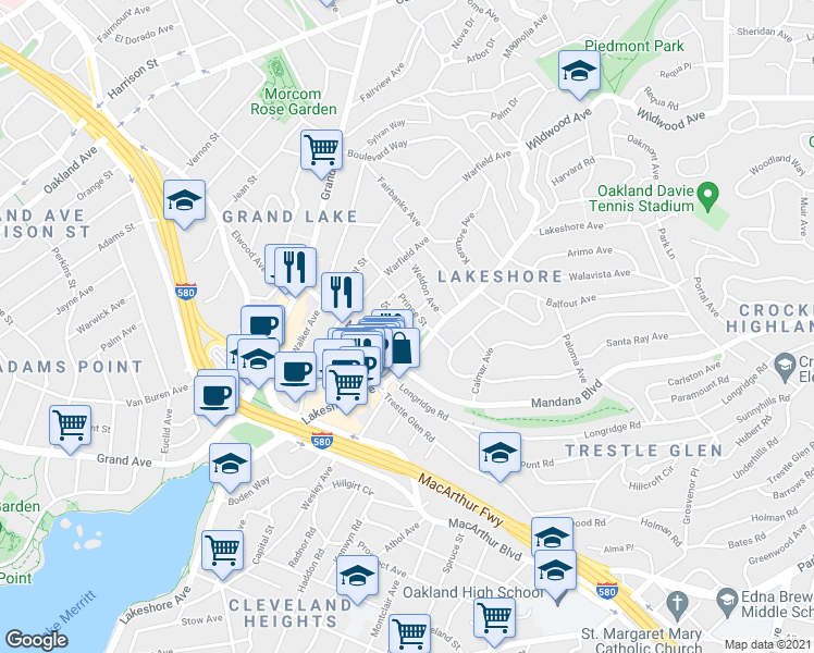 map of restaurants, bars, coffee shops, grocery stores, and more near 531 Prince Street in Oakland