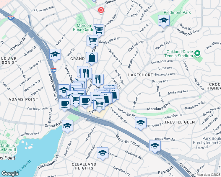 map of restaurants, bars, coffee shops, grocery stores, and more near 531 Prince Street in Oakland