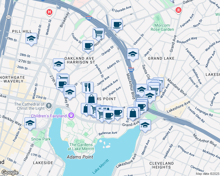 map of restaurants, bars, coffee shops, grocery stores, and more near 329 Warwick Avenue in Oakland