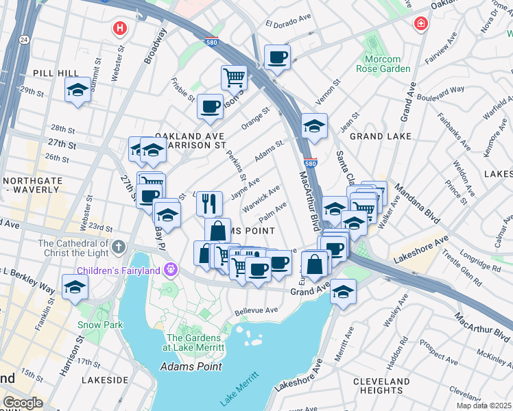 map of restaurants, bars, coffee shops, grocery stores, and more near 329 Warwick Avenue in Oakland