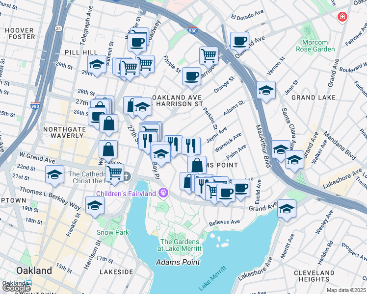 map of restaurants, bars, coffee shops, grocery stores, and more near 265 Adams Street in Oakland