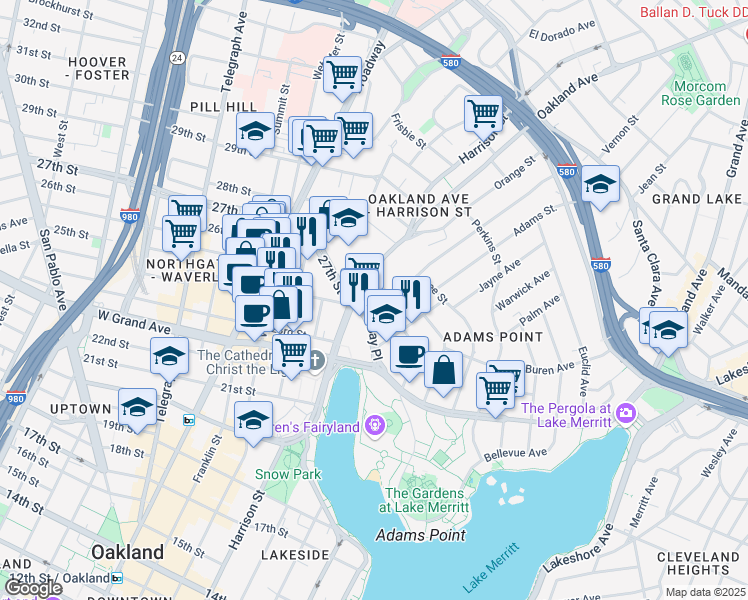 map of restaurants, bars, coffee shops, grocery stores, and more near 2600 Harrison Street in Oakland
