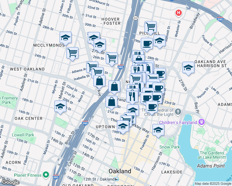 map of restaurants, bars, coffee shops, grocery stores, and more near 2301 Northgate Avenue in Oakland