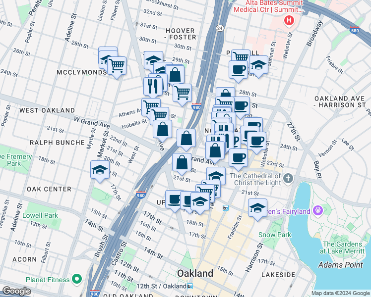 map of restaurants, bars, coffee shops, grocery stores, and more near 2303 Martin Luther King Junior Way in Oakland