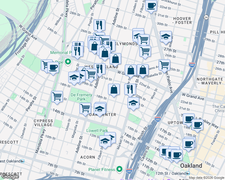 map of restaurants, bars, coffee shops, grocery stores, and more near 2008 Chestnut Street in Oakland