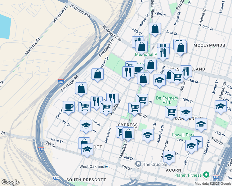 map of restaurants, bars, coffee shops, grocery stores, and more near 1614 Campbell Street in Oakland