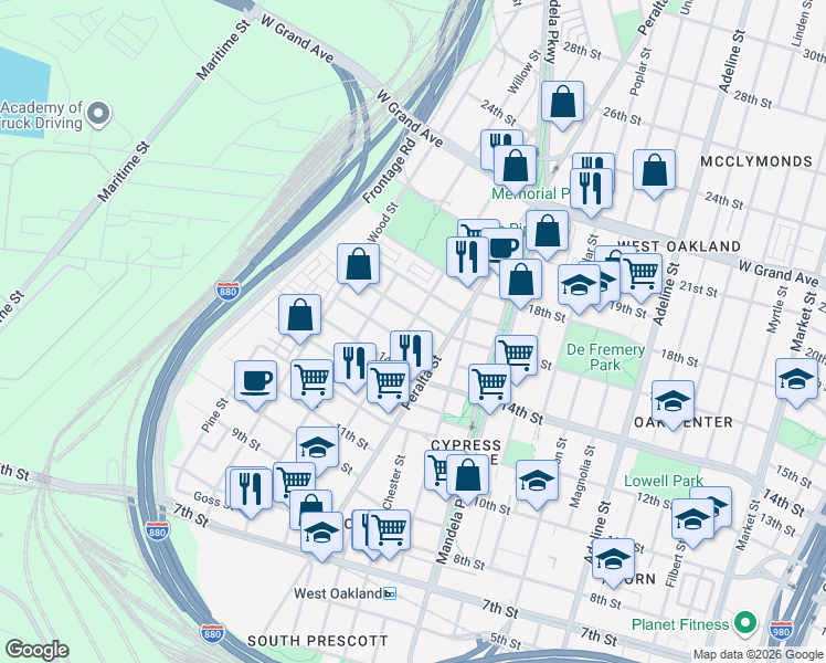 map of restaurants, bars, coffee shops, grocery stores, and more near 1673 16th Street in Oakland