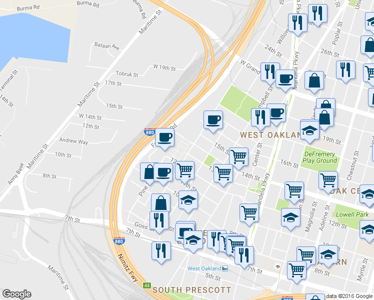 map of restaurants, bars, coffee shops, grocery stores, and more near 1773 14th Street in Oakland