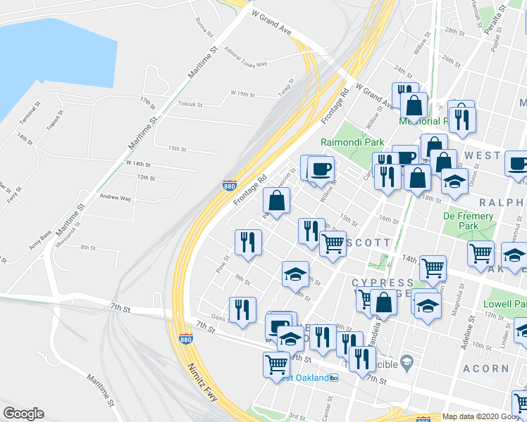 map of restaurants, bars, coffee shops, grocery stores, and more near 1801 14th Street in Oakland