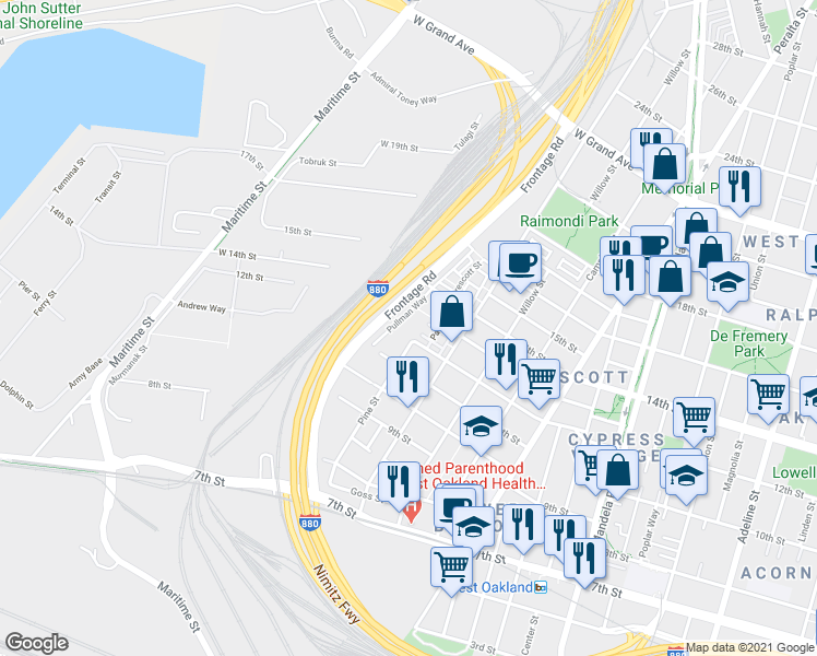 map of restaurants, bars, coffee shops, grocery stores, and more near 1357 Pullman Way in Oakland
