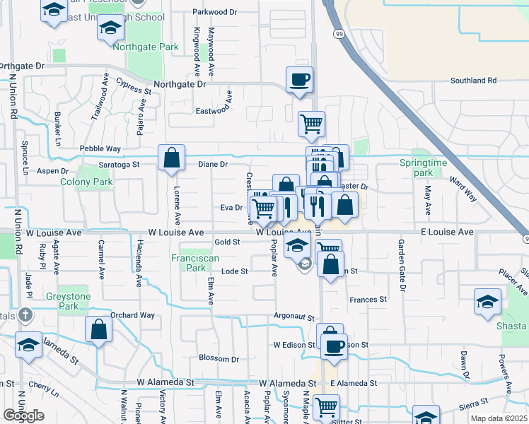 map of restaurants, bars, coffee shops, grocery stores, and more near 324 Eva Court in Manteca