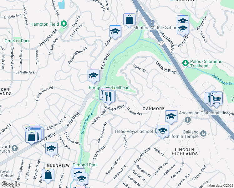 map of restaurants, bars, coffee shops, grocery stores, and more near 1817 Leimert Boulevard in Oakland