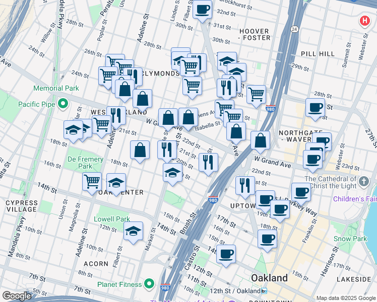 map of restaurants, bars, coffee shops, grocery stores, and more near 856 21st Street in Oakland