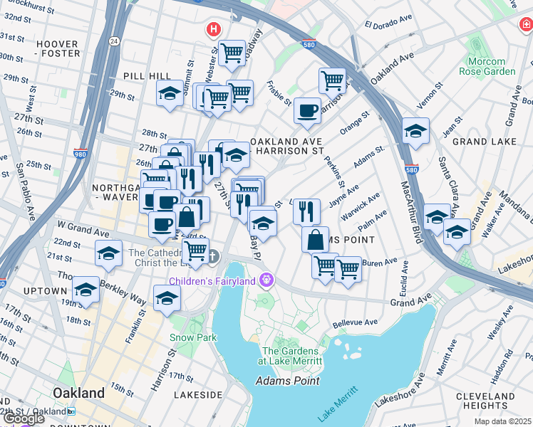 map of restaurants, bars, coffee shops, grocery stores, and more near 75 Vernon Street in Oakland