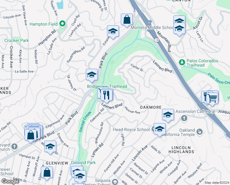 map of restaurants, bars, coffee shops, grocery stores, and more near 1817 Leimert Boulevard in Oakland