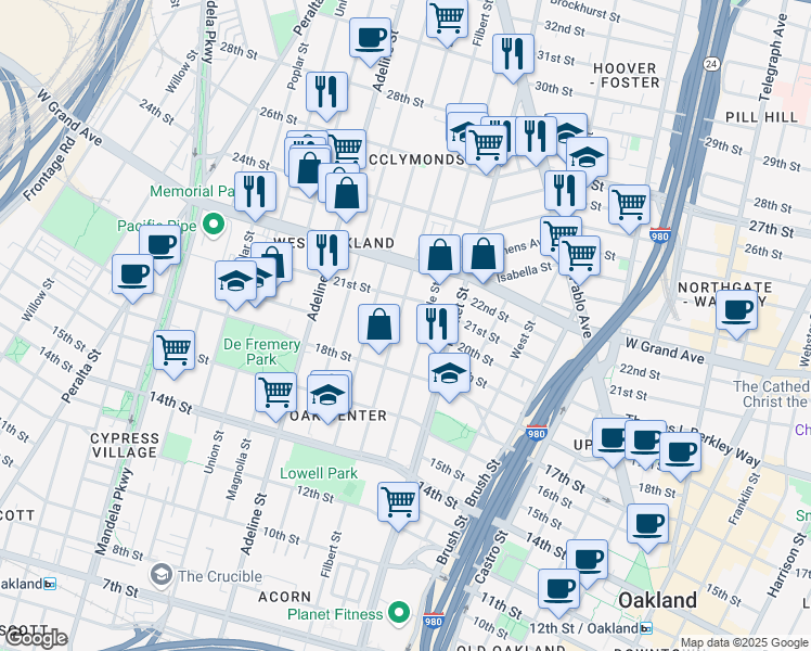 map of restaurants, bars, coffee shops, grocery stores, and more near 2000 Filbert Street in Oakland