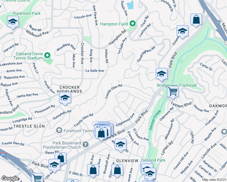 map of restaurants, bars, coffee shops, grocery stores, and more near 1721 Trestle Glen Road in Oakland