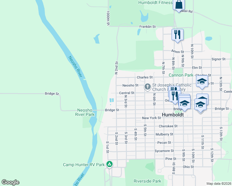 map of restaurants, bars, coffee shops, grocery stores, and more near 300 North 2nd Street in Humboldt