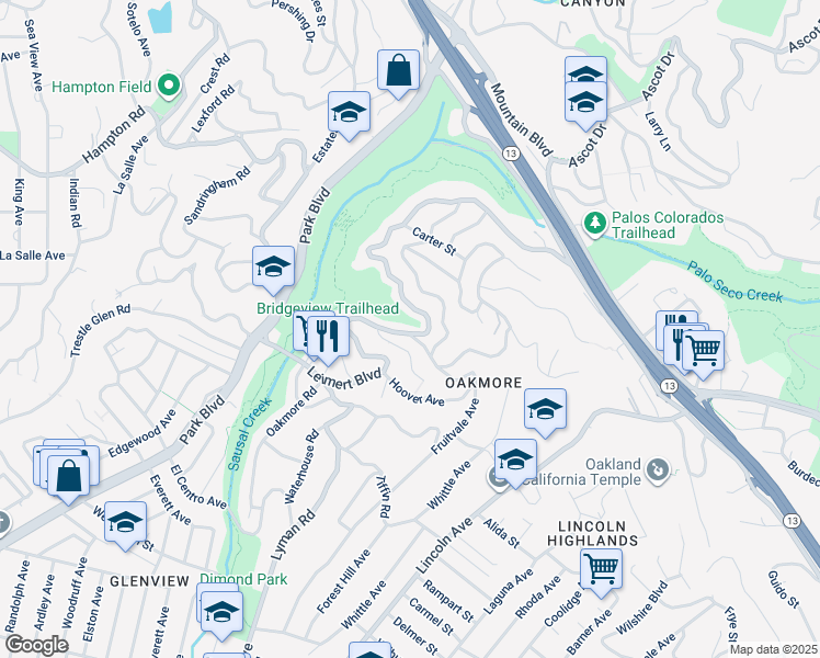 map of restaurants, bars, coffee shops, grocery stores, and more near 1942 Leimert Boulevard in Oakland