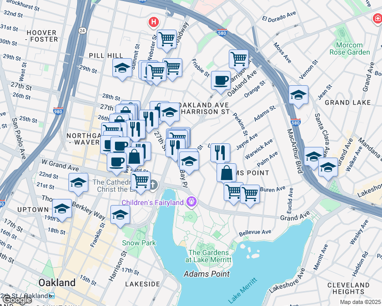 map of restaurants, bars, coffee shops, grocery stores, and more near 2600 Harrison Street in Oakland