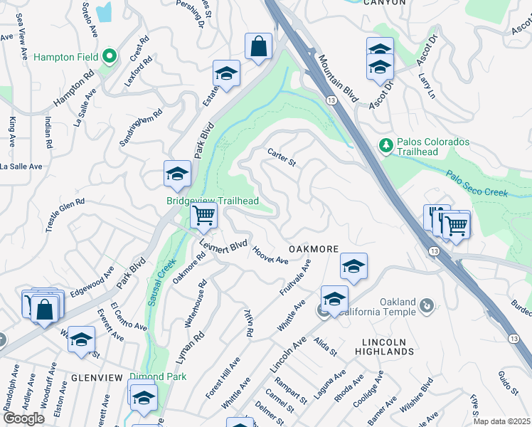 map of restaurants, bars, coffee shops, grocery stores, and more near 1942 Leimert Boulevard in Oakland