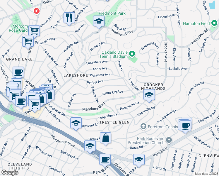 map of restaurants, bars, coffee shops, grocery stores, and more near 800 Calmar Avenue in Oakland