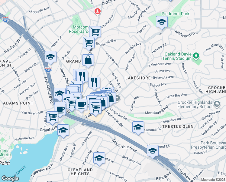 map of restaurants, bars, coffee shops, grocery stores, and more near 531 Prince Street in Oakland