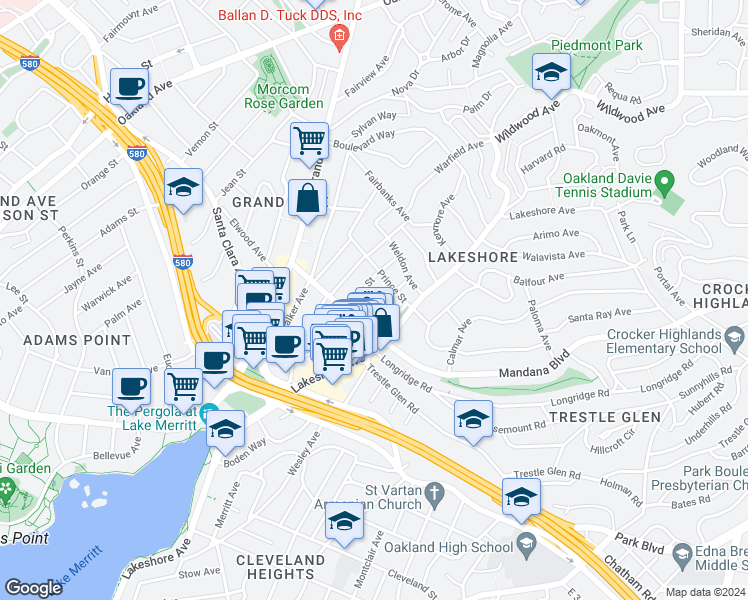 map of restaurants, bars, coffee shops, grocery stores, and more near 531 Prince Street in Oakland