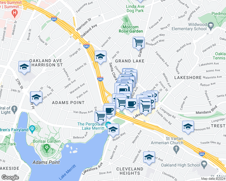 map of restaurants, bars, coffee shops, grocery stores, and more near 365 Santa Clara Avenue in Oakland