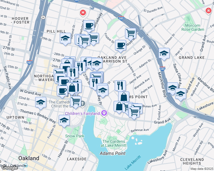 map of restaurants, bars, coffee shops, grocery stores, and more near 97 Vernon Street in Oakland