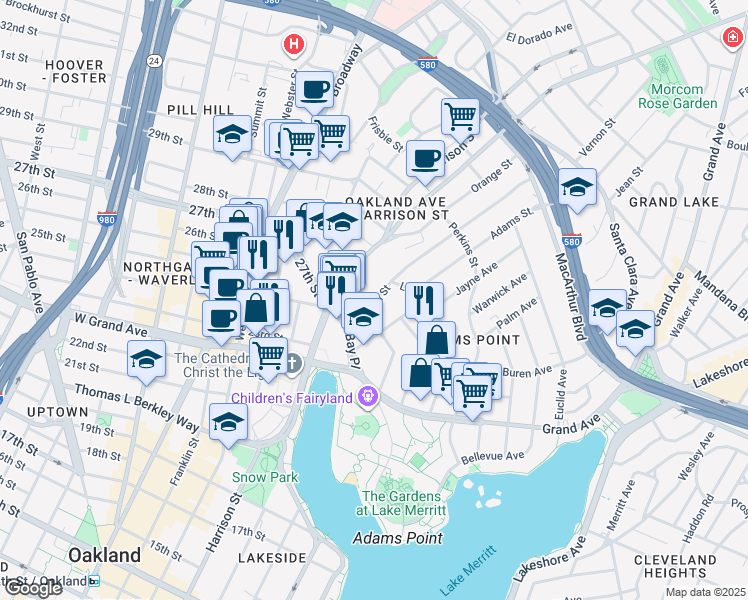 map of restaurants, bars, coffee shops, grocery stores, and more near 97 Vernon Street in Oakland