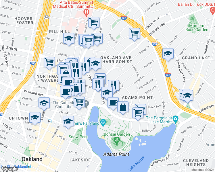 map of restaurants, bars, coffee shops, grocery stores, and more near 2600 Harrison Street in Oakland