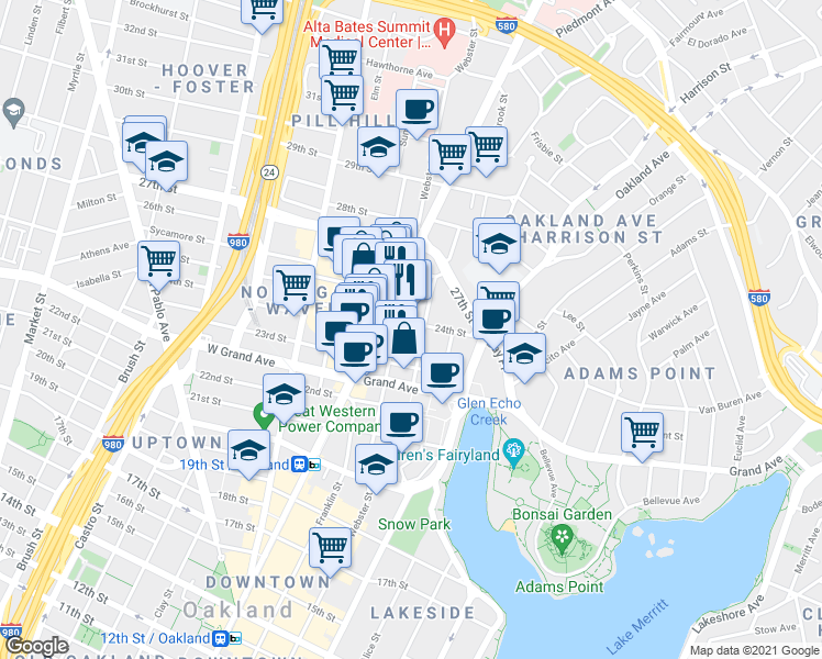 map of restaurants, bars, coffee shops, grocery stores, and more near 2400 Broadway in Oakland