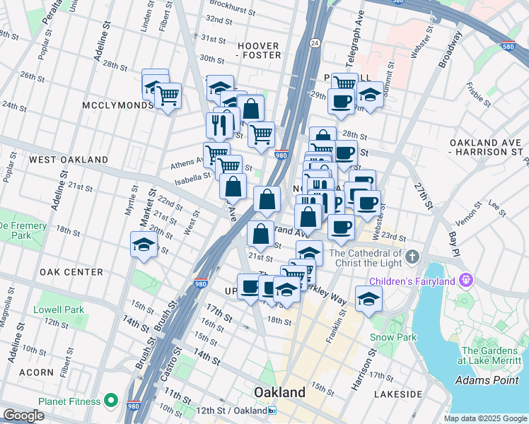 map of restaurants, bars, coffee shops, grocery stores, and more near 2303 Martin Luther King Junior Way in Oakland