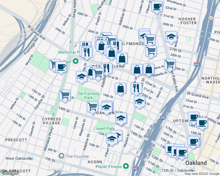 map of restaurants, bars, coffee shops, grocery stores, and more near 2008 Chestnut Street in Oakland