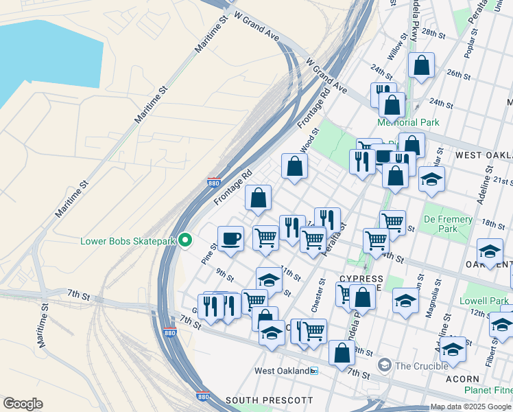 map of restaurants, bars, coffee shops, grocery stores, and more near 1801 14th Street in Oakland
