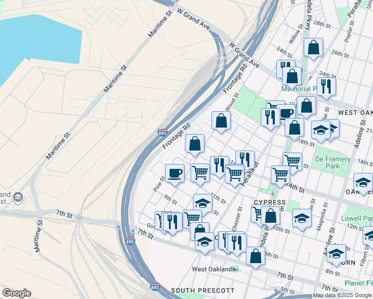 map of restaurants, bars, coffee shops, grocery stores, and more near 1801 14th Street in Oakland