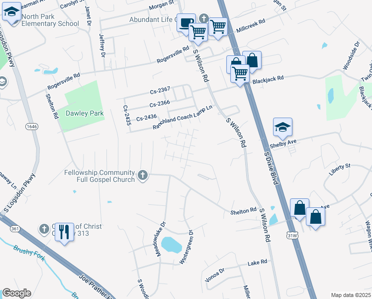 map of restaurants, bars, coffee shops, grocery stores, and more near 114 Hurstfield Drive in Radcliff