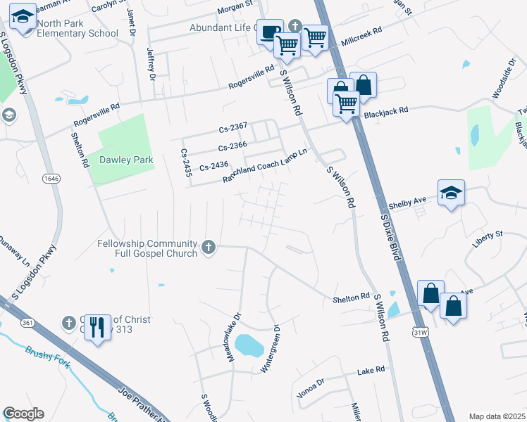 map of restaurants, bars, coffee shops, grocery stores, and more near 104 Kenilworth Court in Radcliff