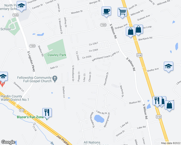 map of restaurants, bars, coffee shops, grocery stores, and more near 399 Clover Court in Radcliff