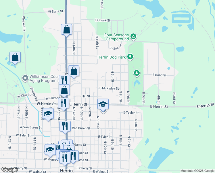 map of restaurants, bars, coffee shops, grocery stores, and more near 1117 North 10th Street in Herrin