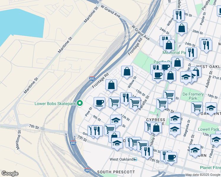 map of restaurants, bars, coffee shops, grocery stores, and more near 708 Zephyr Drive in Oakland