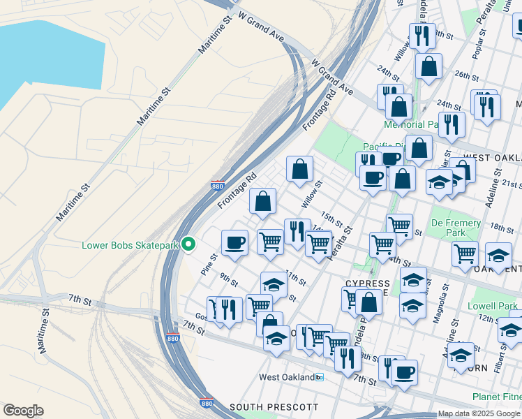 map of restaurants, bars, coffee shops, grocery stores, and more near 706 Zephyr Drive in Oakland