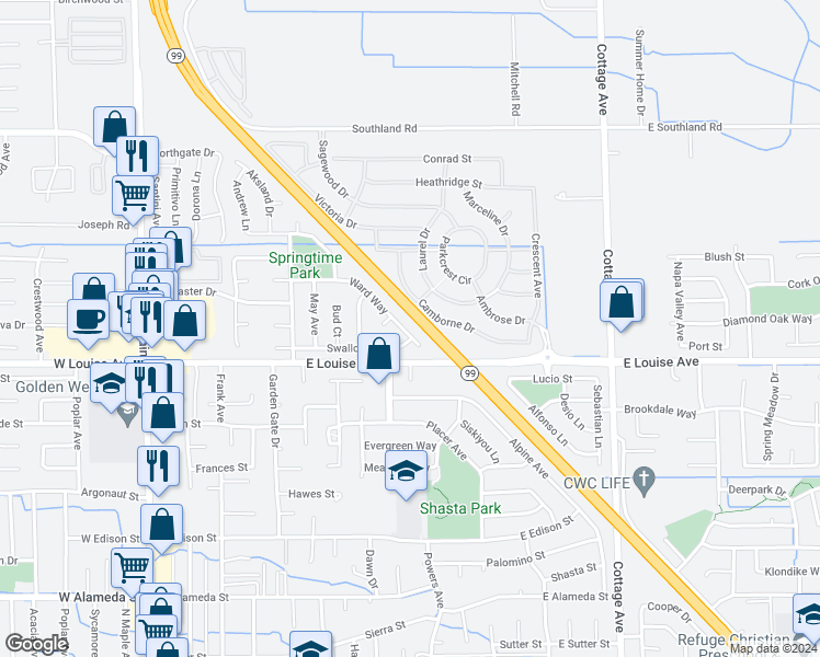 map of restaurants, bars, coffee shops, grocery stores, and more near 685 Ward Way in Manteca