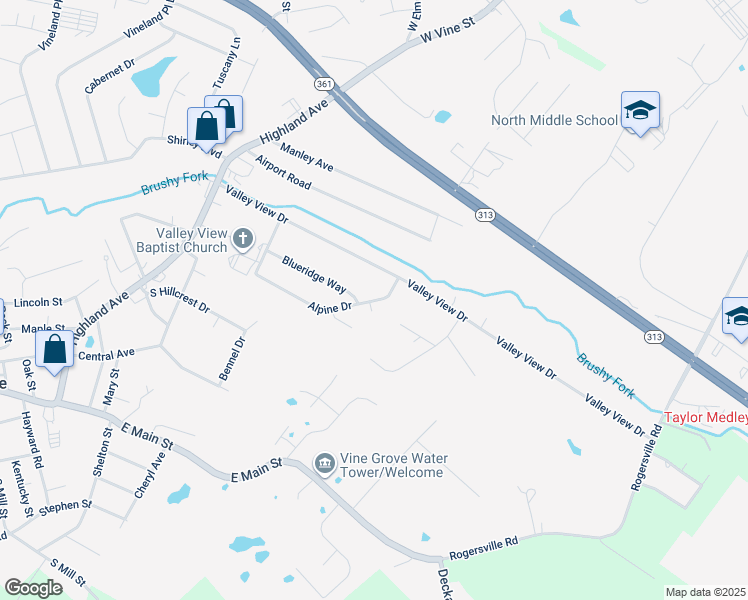 map of restaurants, bars, coffee shops, grocery stores, and more near 103 Alpine Drive in Vine Grove