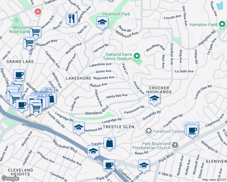 map of restaurants, bars, coffee shops, grocery stores, and more near 800 Calmar Avenue in Oakland