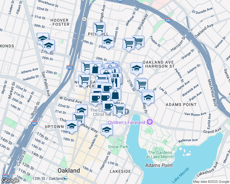 map of restaurants, bars, coffee shops, grocery stores, and more near 2400 Broadway in Oakland